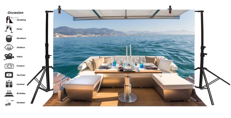 AOFOTO 7x5ft Cruise Ship Backdrops for Photography Lunch on Motor Yacht Sailing Cruise Luxury Sofa Sea Water Ocean Island Background Holiday Wedding Dress Photos Party Portrait Photo Booth Prop - Image 3